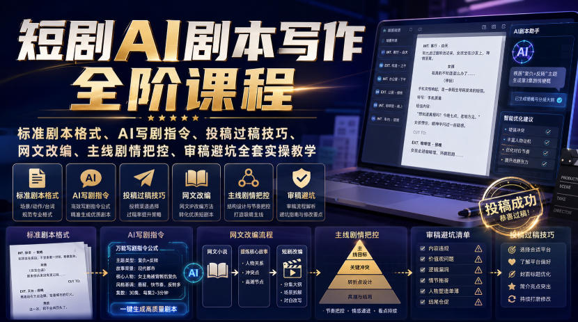 短剧AI剧本写作全阶课程|标准剧本格式、AI写剧指令、投稿过稿技巧、网文改编、主线剧情把控、审稿避坑全套实操教学-凡人轻创