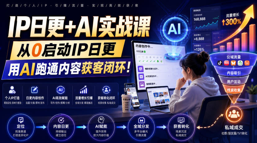IP日更+AI实战课,从0启动IP日更,IP置顶视频制作+100条选题库搭建+10条日更规划,用AI跑通内容获客闭环!-凡人轻创