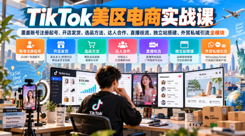 TikTok美区电商实战课,覆盖账号注册起号、开店发货、选品方法、达人合作、直播投流、独立站搭建、外贸私域引流全模块-凡人轻创