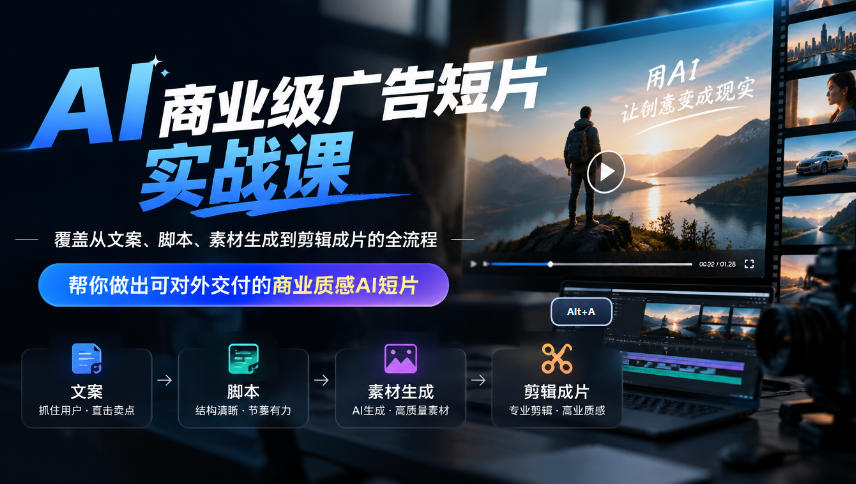 AI商业级广告短片实战课,覆盖从文案、脚本、素材生成到剪辑成片的全流程,帮你做出可对外交付的商业质感AI短片-凡人轻创