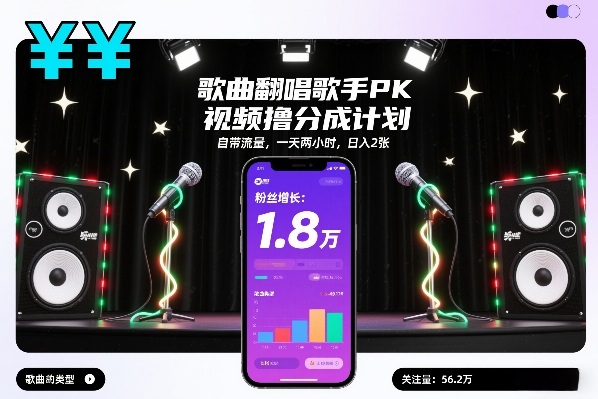 歌曲翻唱歌手PK视频撸分成计划，自带流量，一天两小时，日入2张-凡人轻创