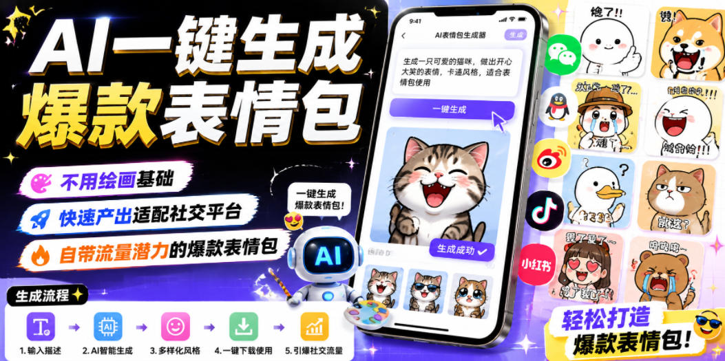 AI一键生成爆款表情包,不用绘画基础,快速产出适配社交平台,自带流量潜力的爆款表情包 AI一键生成爆款表情包,不用绘画基础,快速产出适配社交平台,自带流量潜力的爆款表情包