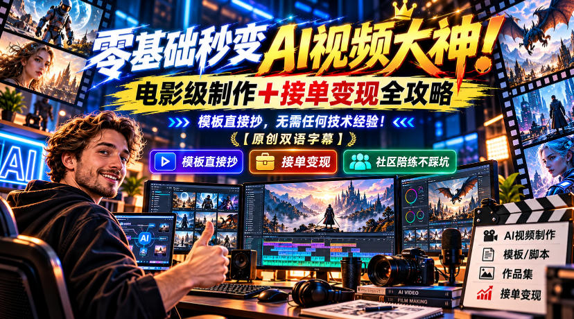 零基础秒变AI视频大神!电影级制作+接单变现全攻略,模板直接抄,无需任何技术经验!【原创双语字幕】-凡人轻创