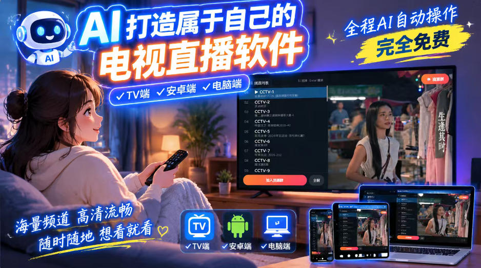 一个提示词,AI全自动做出电视直播软件,电脑、安卓、电视三端通用,完全免费,画质流畅不卡顿-凡人轻创