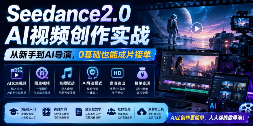 Seedance2.0 AI视频创作实战，从新手到AI导演，0基础也能成片接单变现-凡人轻创
