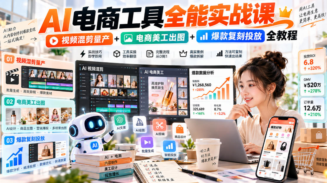 AI电商工具全能实战教学,视频混剪量产+电商美工出图+爆款复刻投放全教程-凡人轻创