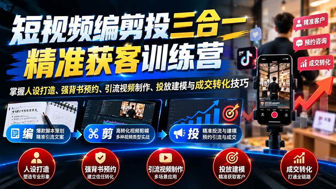 (20910期)短视频编剪投三合一精准获客训练营:掌握人设打造、强背书预约、引流视频制作、投放建模与成交转化技巧-凡人轻创