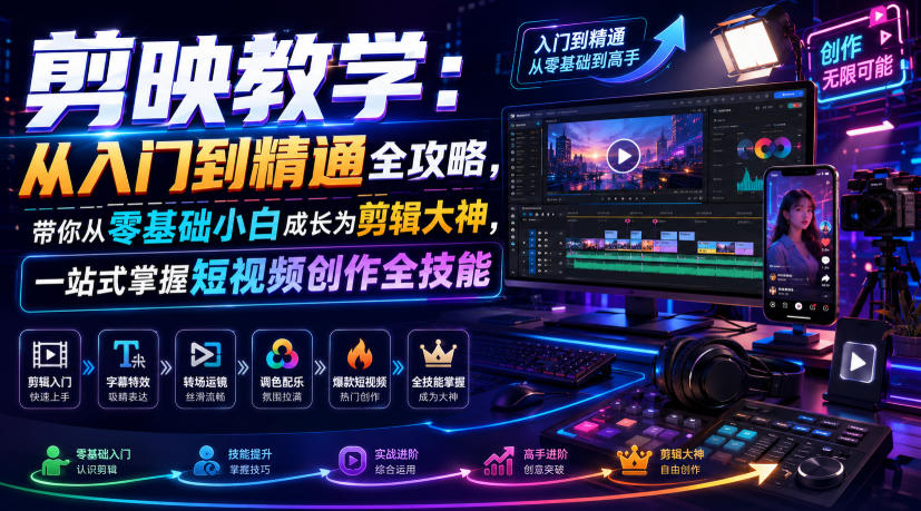 剪映教学：从入门到精通全攻略，带你从零基础小白成长为剪辑大神，一站式掌握短视频创作全技能-凡人轻创