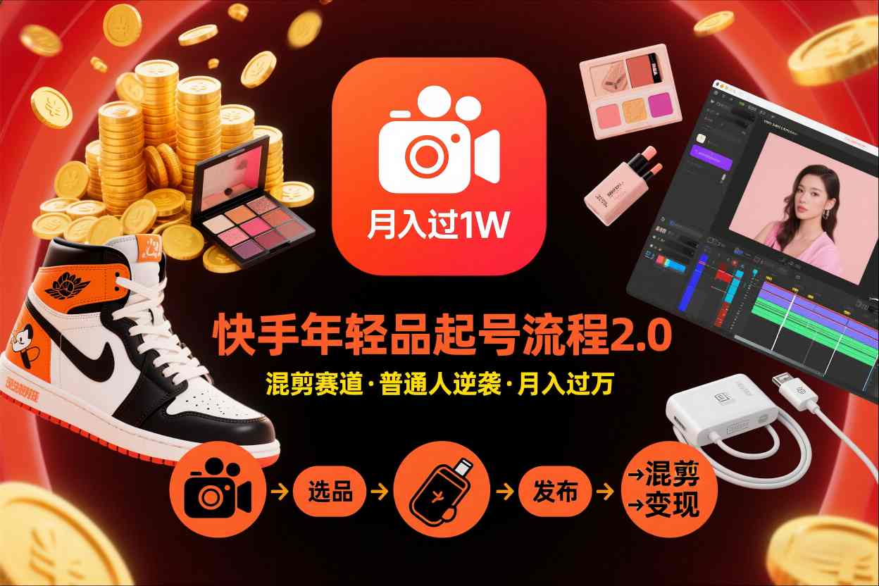 快手短视频带货年轻品起号流程2.0，快手年轻品混剪赛道，普通人也能月入过1W-凡人轻创
