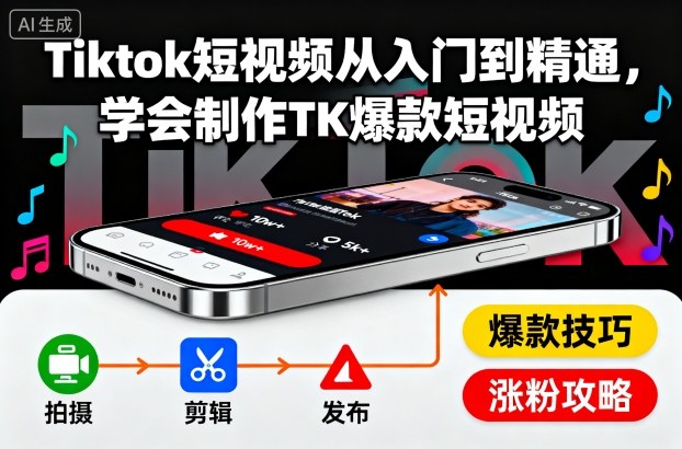 Tiktok短视频从入门到精通,学会制作TK爆款短视频-凡人轻创