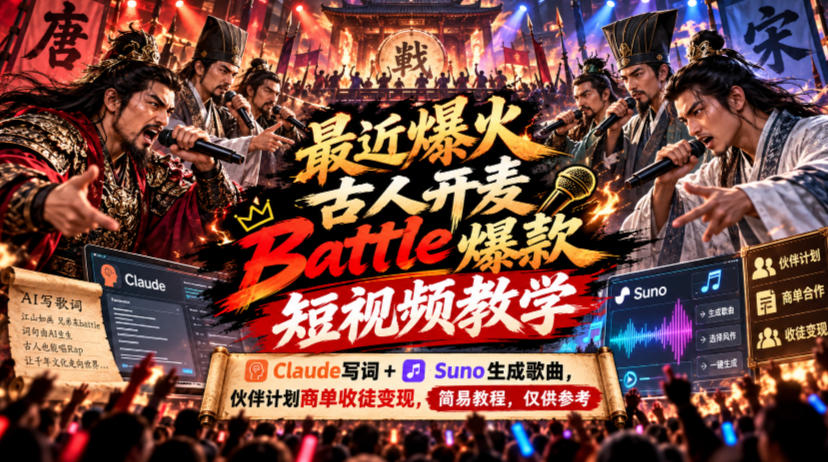最近爆火古人开麦Battle爆款短视频教学,Claude写词+Suno生成歌曲,伙伴计划商单收徒变现,简易教程,仅供参考-凡人轻创