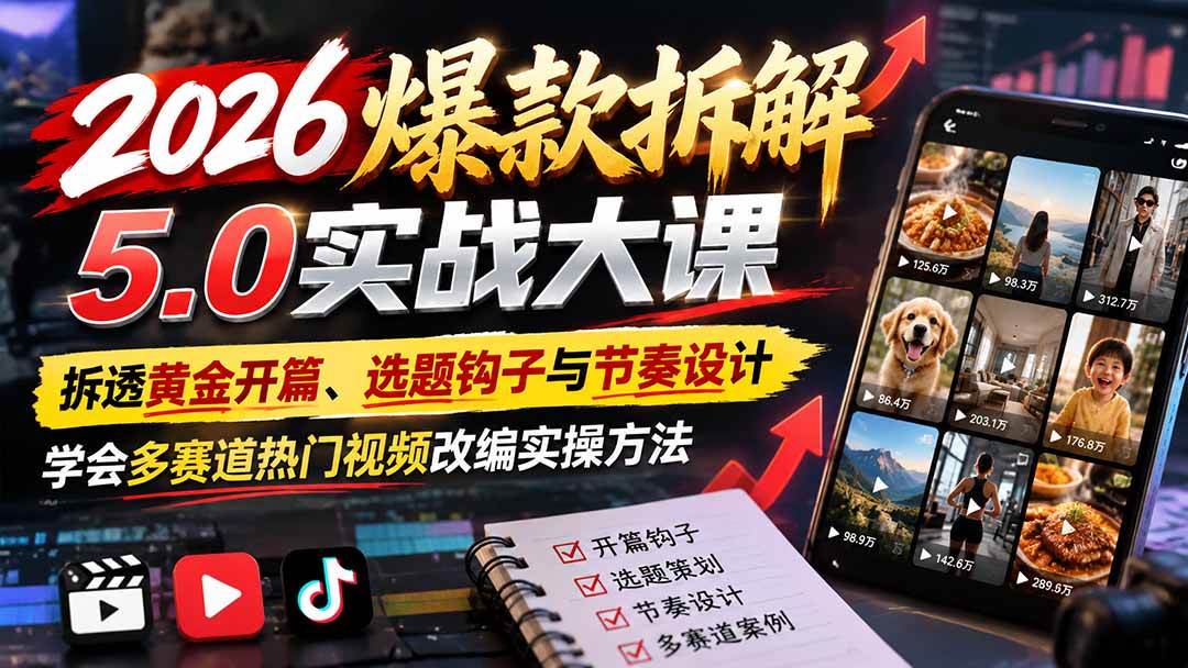 （21110期）2026爆款拆解5.0实战大课：拆透黄金开篇、选题钩子与节奏设计，学会多赛道热门视频改编实操方法-凡人轻创
