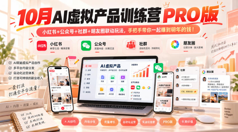 10月AI虚拟产品训练营PRO版,小红书+公众号+社群+朋友圈联动玩法,手把手带你一起赚到明年的钱!-凡人轻创