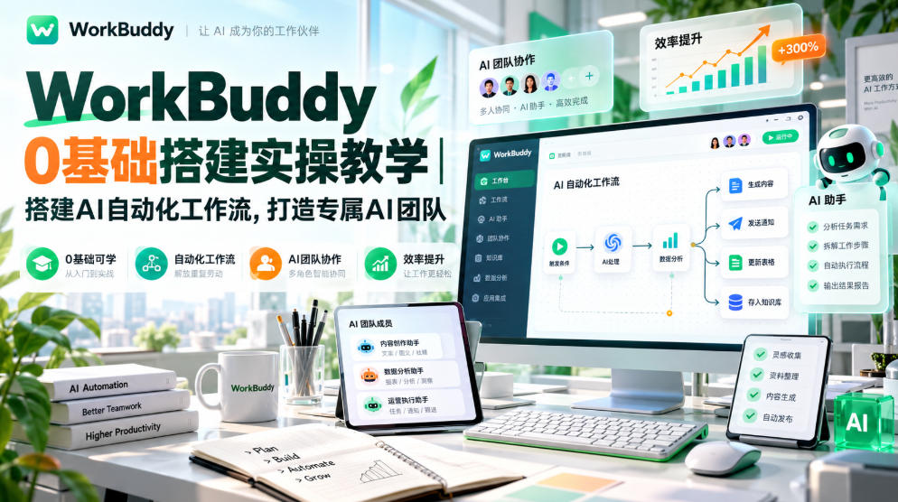 WorkBuddy 0基础搭建实操教学|搭建AI自动化工作流,打造专属AI团队-凡人轻创