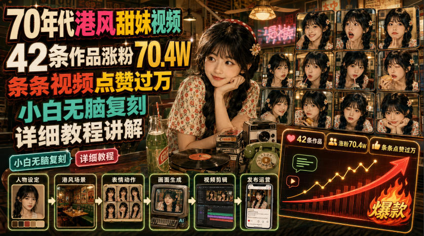 70年代港风甜妹视频,42条作品涨粉70.4W,条条视频点赞过万,小白无脑复刻,详细教程讲解-凡人轻创
