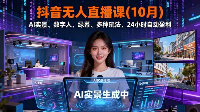 （16355期）抖音无人直播课(10月)，AI实景、数字人、绿幕、多种玩法、24小时自动盈利-凡人轻创