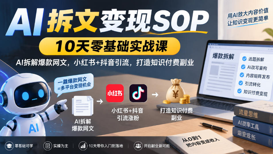 AI拆文变现SOP|10天零基础实战课,AI拆解爆款网文,小红书+抖音引流,打造知识付费副业-凡人轻创