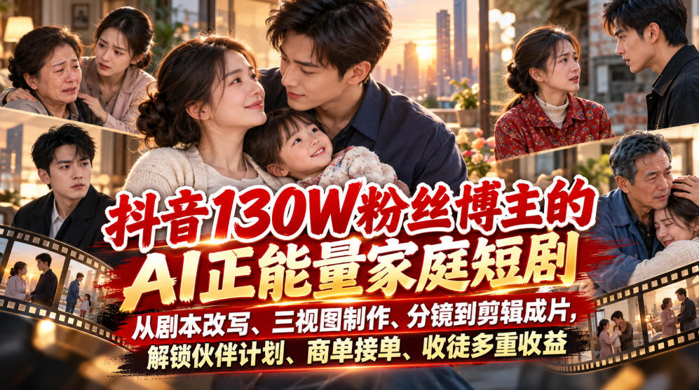 抖音130W粉丝博主的AI正能量家庭短剧,从剧本改写、三视图制作、分镜到剪辑成片,解锁伙伴计划、商单接单、收徒多重收益-凡人轻创