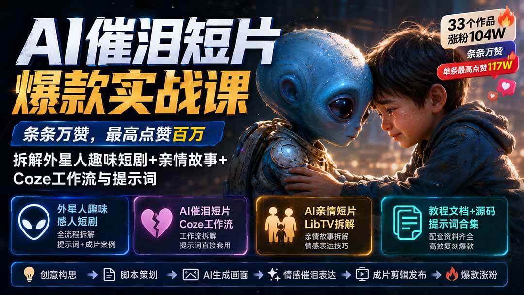 （20038期）AI催泪短片爆款实战课：条条万赞，最高点赞百万，拆解外星人趣味短剧+亲情故事+Coze工作流与提示词-凡人轻创