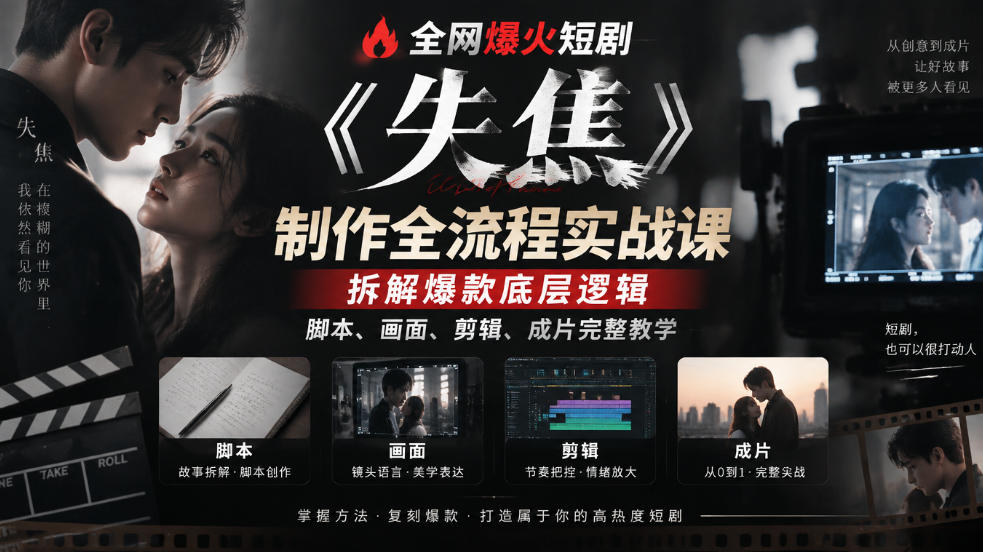 全网爆火短剧《失焦》制作全流程实战课|拆解爆款底层逻辑,脚本、画面、剪辑、成片完整教学-凡人轻创