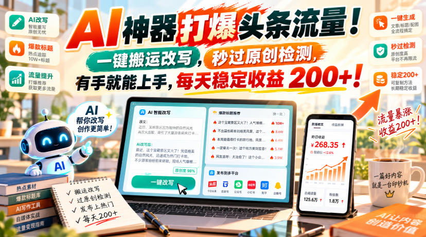 AI神器打爆头条流量，一键搬运改写，秒过原创检测，有手就能上手，每天稳定收益200+！【揭秘】-凡人轻创
