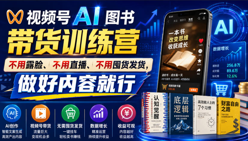 视频号AI图书带货训练营,不用露脸、不用直播、不用囤货发货,做好内容就行,一条爆款视频佣金8942-凡人轻创