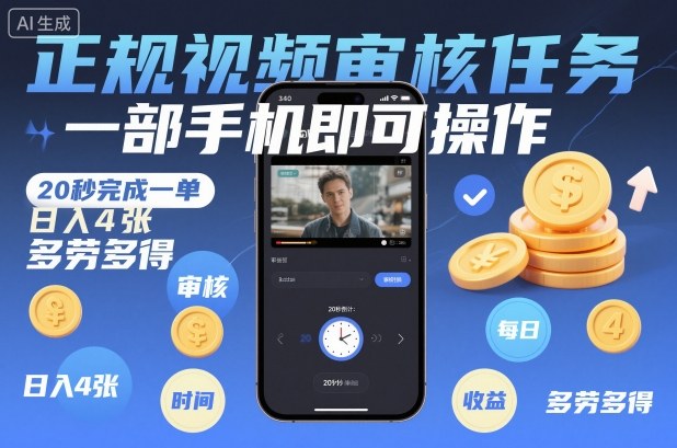 正规视频审核任务，一部手机即可操作，20秒完成一单，日入4张，多劳多得【揭秘】-凡人轻创