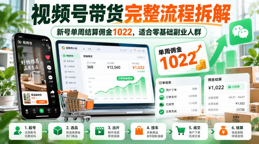 视频号带货完整流程拆解,新号单周结算佣金1022,适合零基础副业人群-凡人轻创