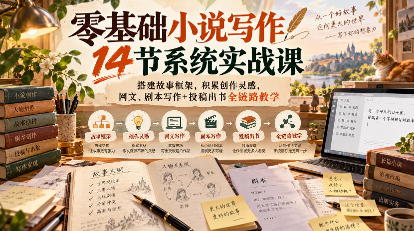 零基础小说写作14节系统实战课,搭建故事框架,积累创作灵感,网文、剧本写作+投稿出书全链路教学-凡人轻创