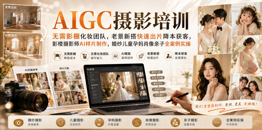 AIGC摄影培训|无需影棚化妆团队,老景新搭快速出片降本获客,影楼摄影师AI样片制作,婚纱儿童孕妈肖像亲子全案例实操-凡人轻创