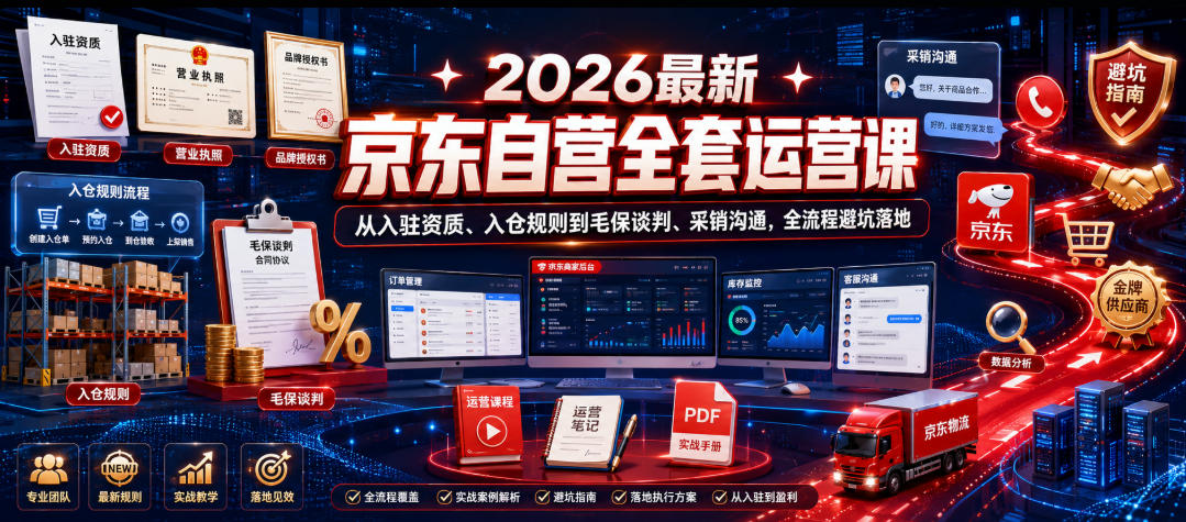 2026最新京东自营全套运营课,从入驻资质、入仓规则到毛保谈判、采销沟通,全流程避坑落地-凡人轻创