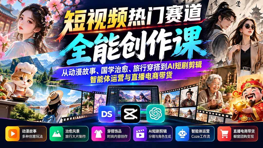 (20956期)短视频热门赛道全能创作课:从动漫故事、国学治愈、旅行穿搭到AI短剧剪辑、智能体运营与直播电商带货-凡人轻创