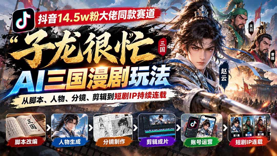 (20818期)抖音14.5w粉大佬同款赛道「子龙很忙」AI三国漫剧玩法:从脚本、人物、分镜、剪辑到短剧IP持续连载-凡人轻创