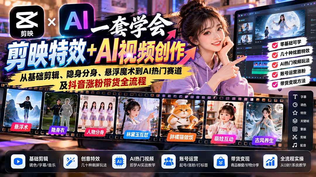 （20999期）一套学会剪映特效+AI视频创作：从基础剪辑、隐身分身、悬浮魔术到AI热门赛道及抖音涨粉带货全流程-凡人轻创