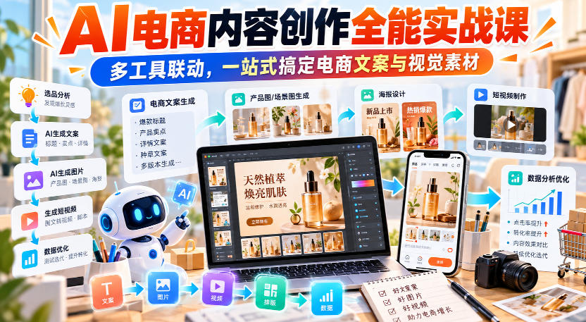 【无水印】AI电商内容创作全能实战课｜多工具联动，一站式搞定电商文案与视觉素材-凡人轻创