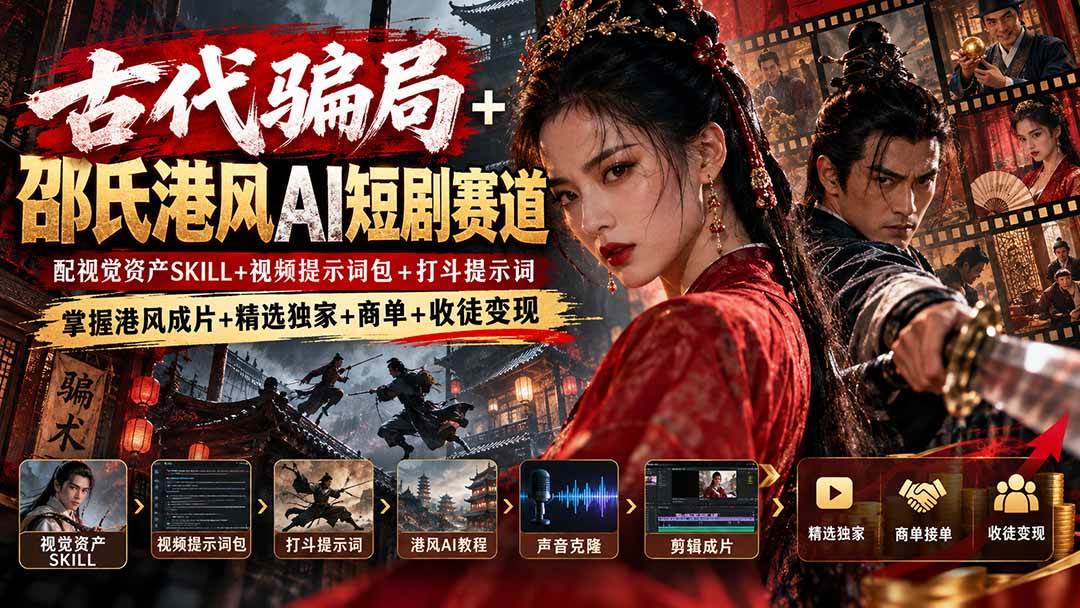 (20684期)古代骗局+邵氏港风AI短剧赛道:配视觉资产SKILL+视频提示词包+打斗提示词,掌握港风成片+精选独家+商单+收徒变现-凡人轻创
