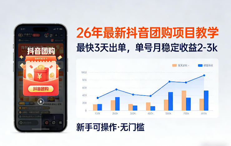 26年最新抖音团购项目教学，0门槛，最快3天出单，单号月稳定收益2-3k-凡人轻创