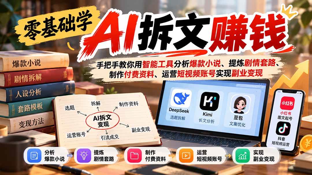(21030期)零基础学AI拆文赚钱:手把手教你用智能工具分析爆款小说、提炼剧情套路、制作付费资料、运营短视频账号实现副业变现-凡人轻创
