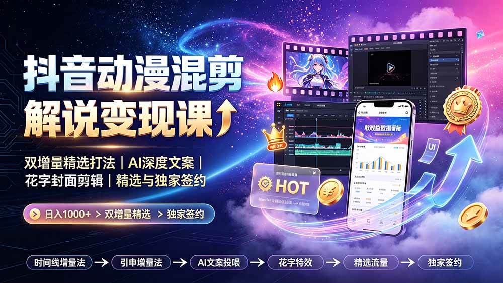 （19311期）抖音动漫混剪解说变现课：双增量精选打法｜AI深度文案｜花字封面剪辑｜ 精选与独家签约日入1000+-凡人轻创