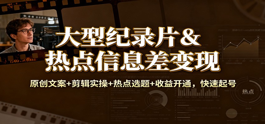 大型纪录片&热点信息差变现：原创文案+剪辑实操+热点选题+收益开通，快速起号-凡人轻创