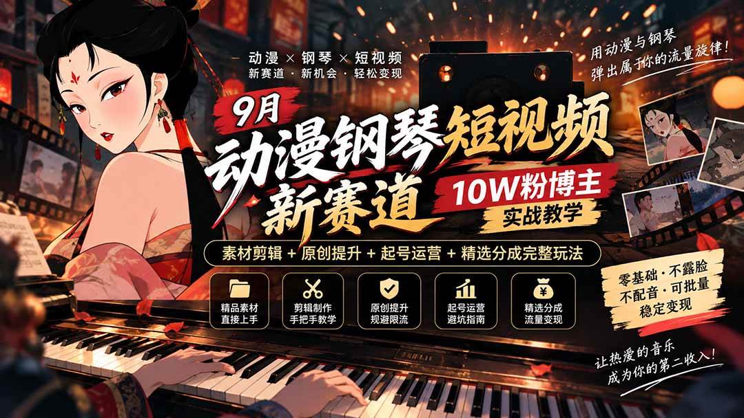 (20506期)9月动漫钢琴短视频新赛道|10W粉博主实战教学,素材剪辑+原创提升+起号运营+精选分成完整玩法-凡人轻创