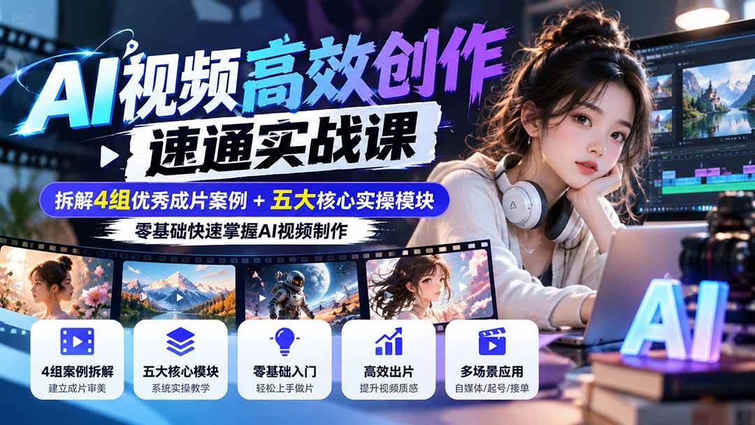 (20819期)【无水印】AI视频高效创作速通实战课:拆解4组优秀成片案例+五大核心实操模块,零基础快速掌握AI视频制作-凡人轻创