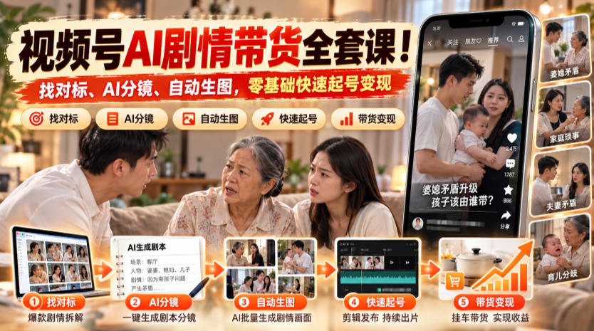 视频号AI剧情带货全套课!找对标、AI分镜、自动生图,零基础快速起号变现-凡人轻创