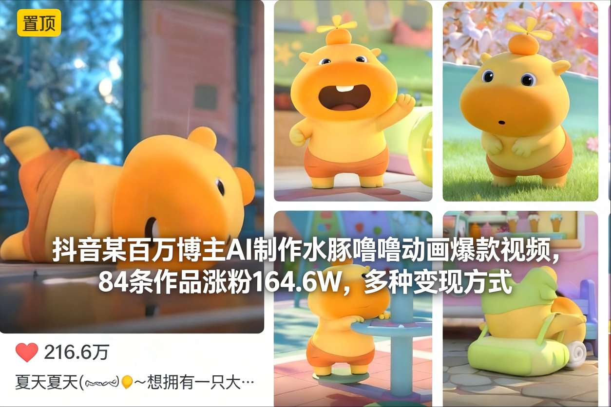 抖音某百万博主AI制作水豚噜噜动画爆款视频，84条作品涨粉164.6W，多种变现方式-凡人轻创