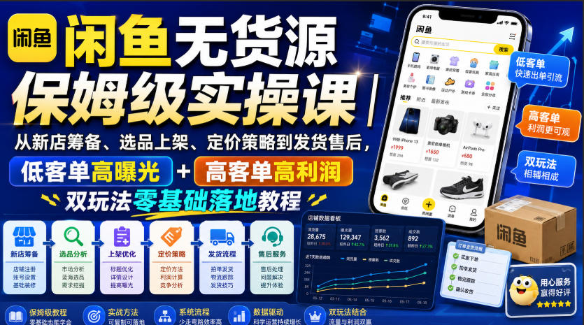 闲鱼无货源保姆级实操课｜从新店筹备、选品上架、定价策略到发货售后，低客单高曝光+高客单高利润双玩法零基础落地教程-凡人轻创