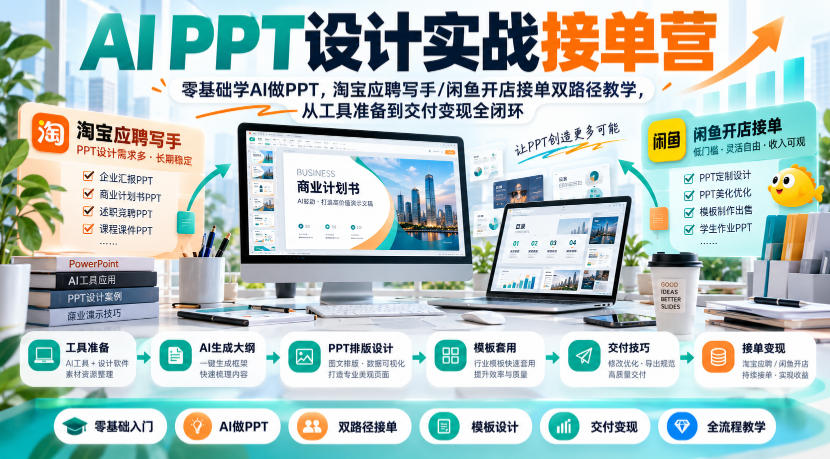 AI PPT设计实战接单营|零基础学AI做PPT,淘宝应聘写手/闲鱼开店接单双路径教学,从工具准备到交付变现全闭环-凡人轻创