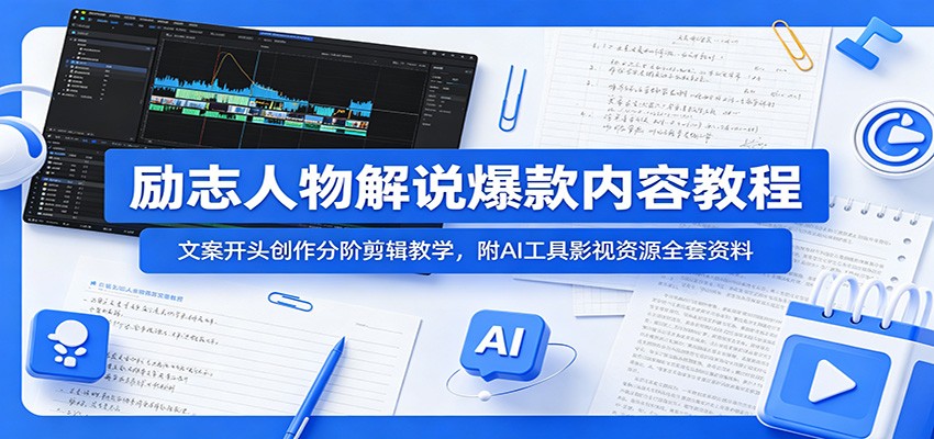 励志人物解说爆款内容教程:文案开头创作分阶剪辑教学,附AI 工具影视资源全套资料-凡人轻创