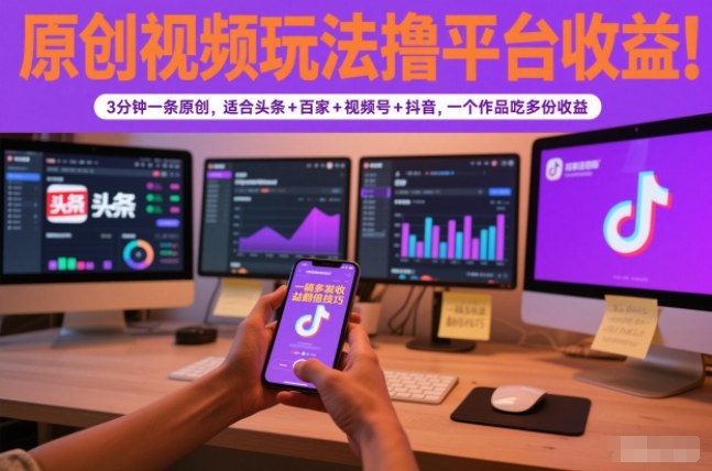 原创视频玩法撸平台收益，3分钟一条原创，适合头条+百家+视频号+抖音，一个作品吃多份收益-凡人轻创