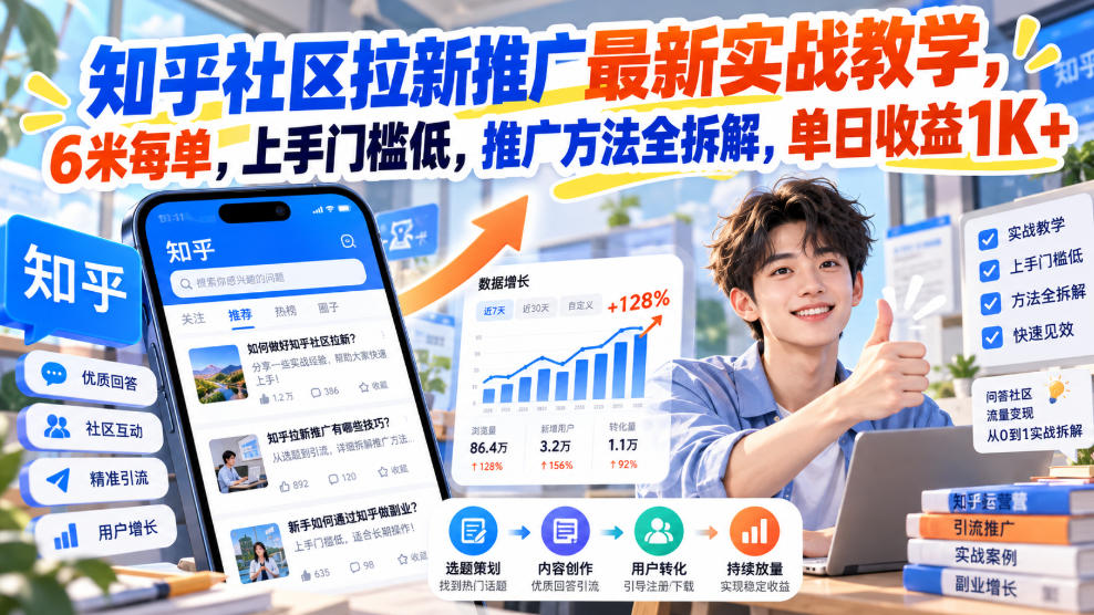 知乎社区拉新推广最新实战教学,6米每单,上手门槛低,推广方法全拆解,单日收益1K+!(更新1030)-凡人轻创
