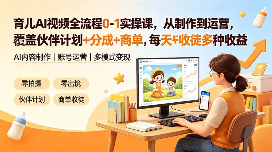 （19236期）育儿AI视频全流程0-1实操课，从制作到运营，覆盖伙伴计划+分成+商单+收徒多种收益，每天500+收益-凡人轻创